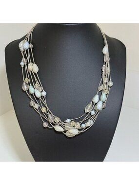 Multi-strand Turquoise and Clear Beads on Silver-tone chains Necklace